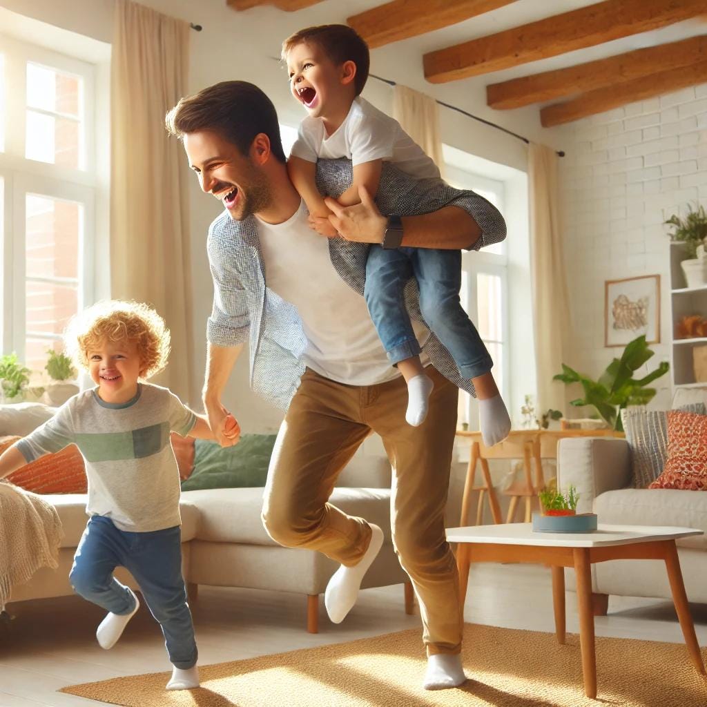 A happy father plays with his children in a bright and cheerful living room. He is laughing while lifting one child into the air, while another child playfully climbs on his back. The father looks energetic and fully engaged, enjoying quality time with his kids.