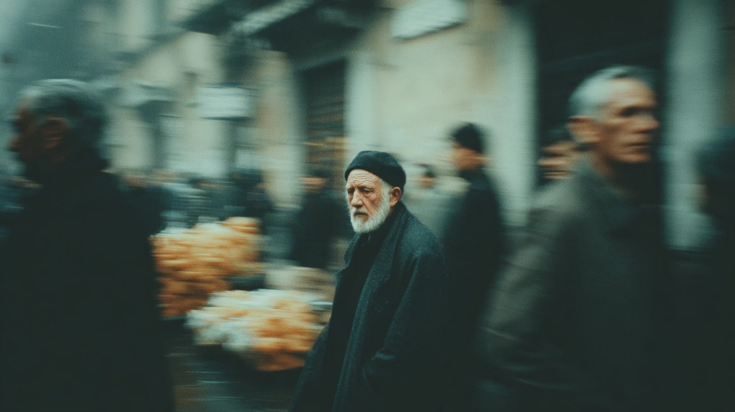 A sad man in the middle of the street ignored by people passing by A sad man in the middle of the street ignored by people passing by
