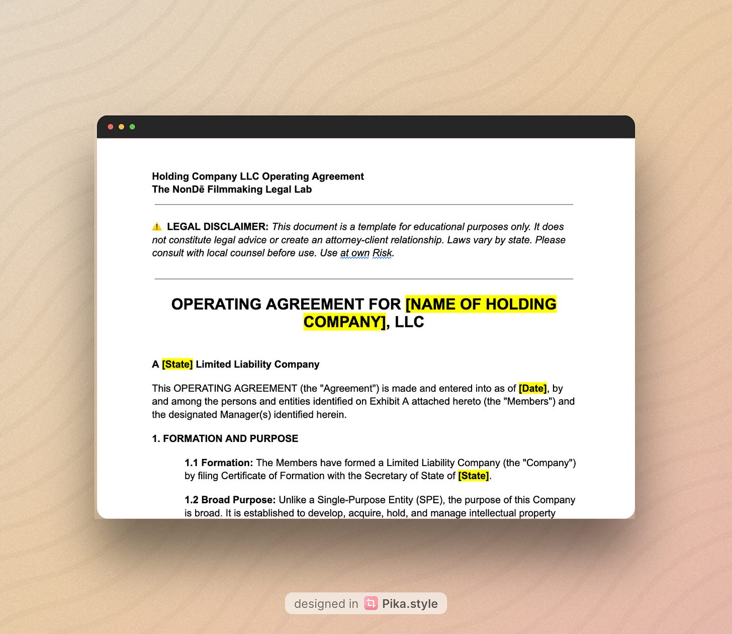 The Nonde Film Law Lab Holding Company Operating Agreement Template