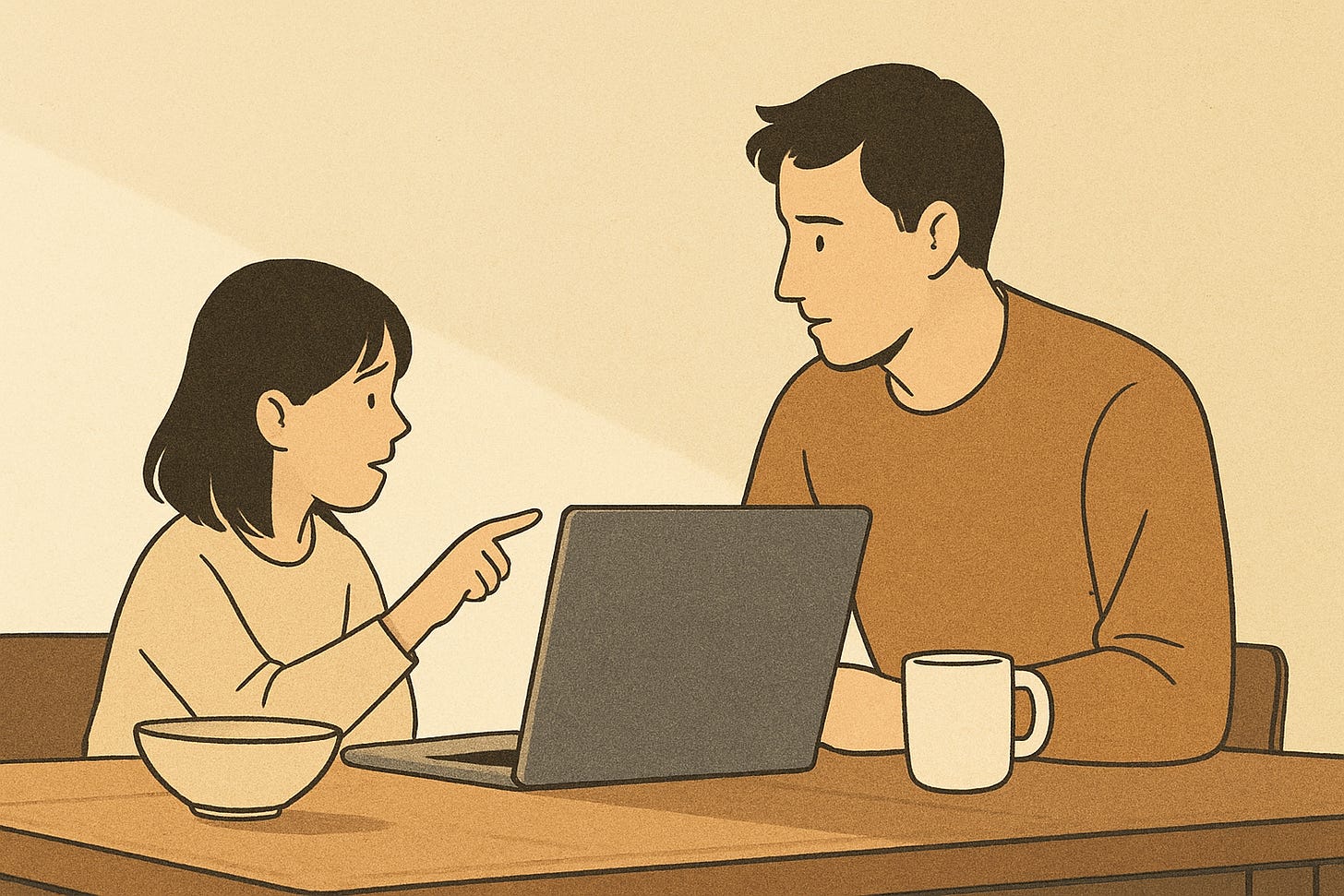 parent and child at a breakfast table looking at a laptop, a quiet morning scene