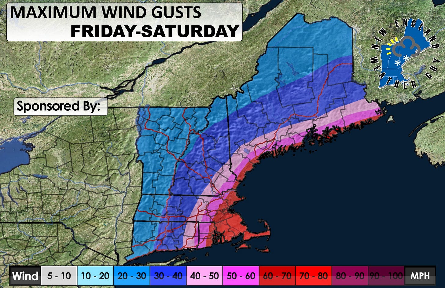 May be an image of map and text that says 'MAXIMUM WIND GUSTS FRIDAY-SATURDAY Sponsored SponsoredBy: By Wind 5-10 S 10 10-20 20-30 30 30 40 50-60 60-70 70-80 80-90 MPH'