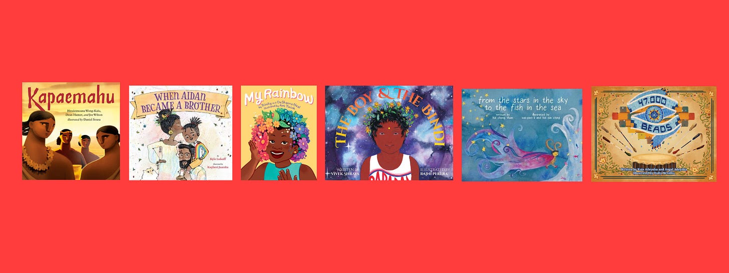 Small cover images of the listed books on a red background.