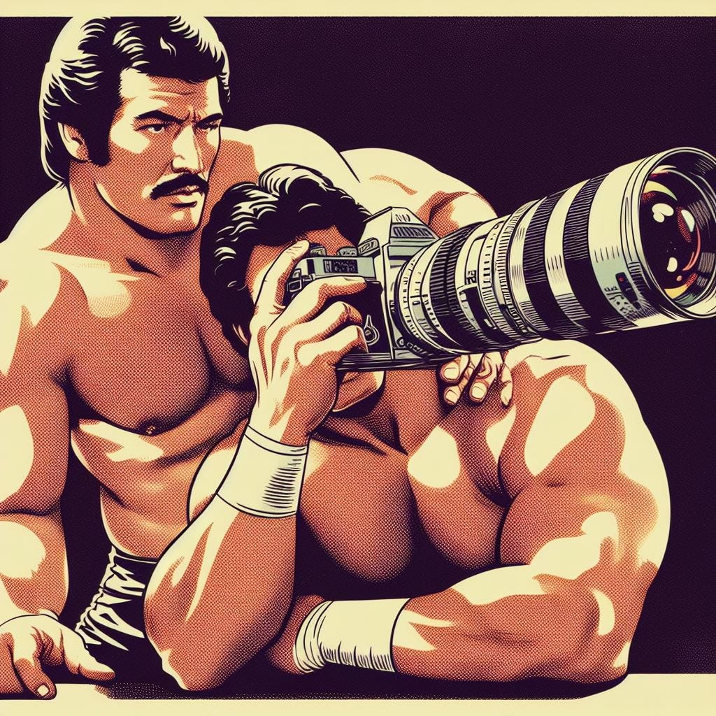 a crisp and polished stylish layout illustration from the 1970s showing the capacity of high-end film camera lenses in capturing the beauty and essence of strong style puroresu pro wrestling