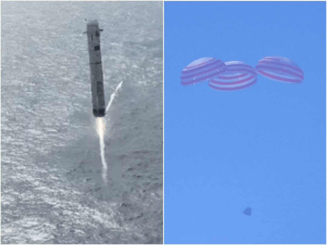 The Long March 10A test booster splashing down (left) and the Mengzhou capsule descending under parachute (right).