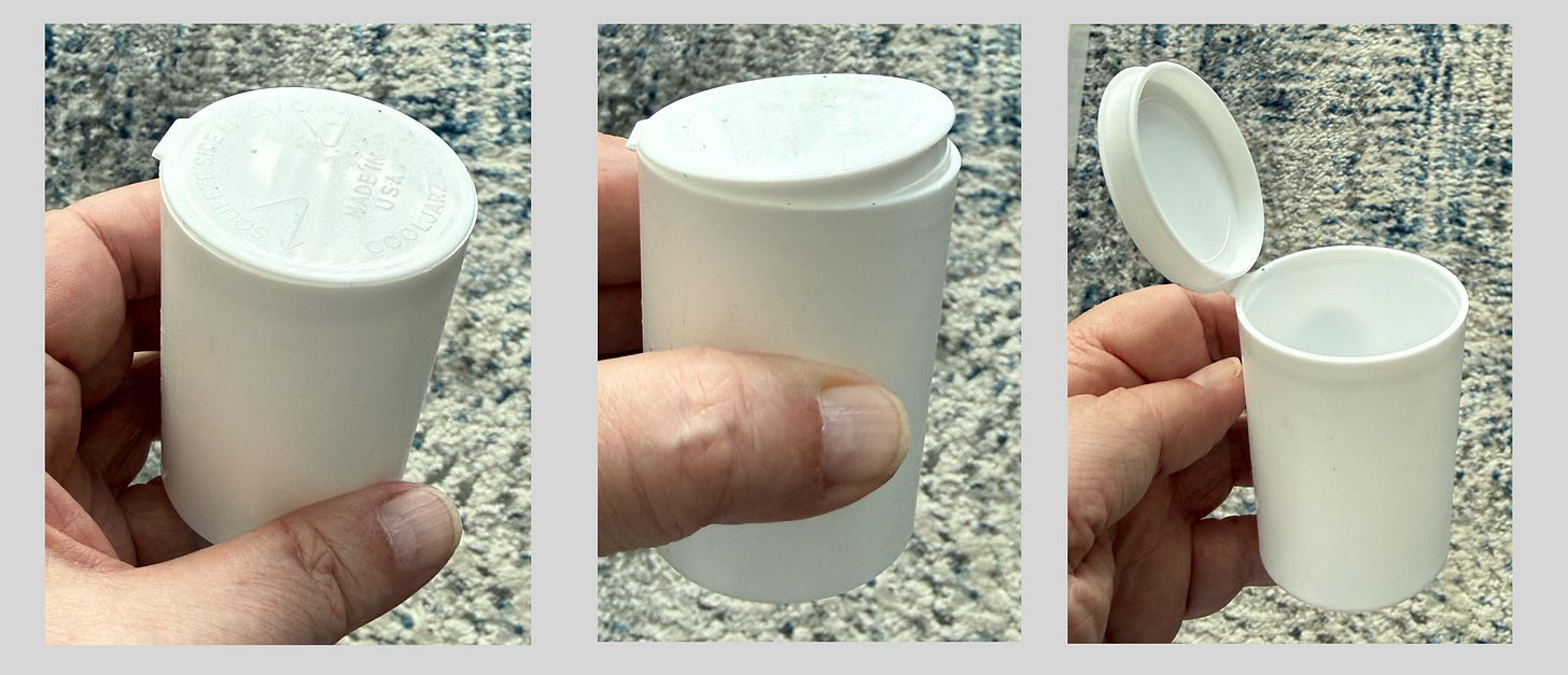 Three views of a plain white container: closed, being squeezed with the hinged lid ajar, and the lid fully open.