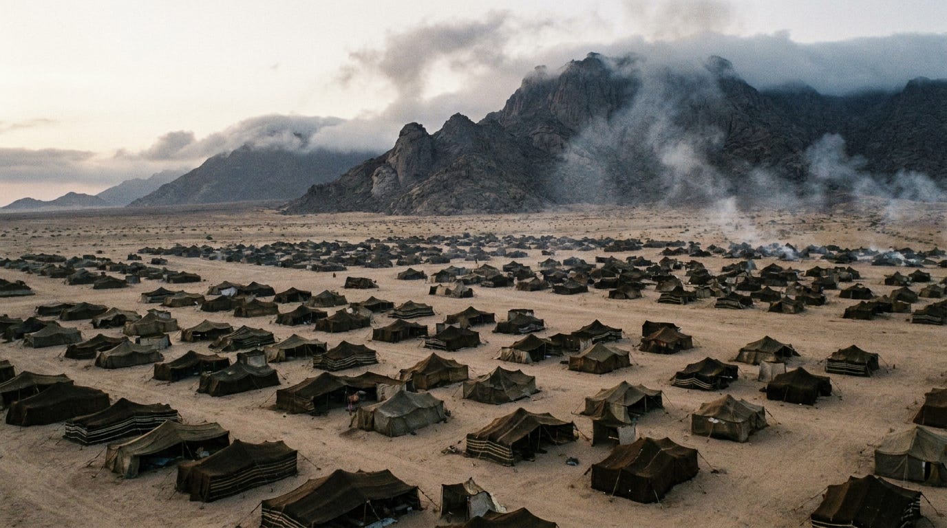 A vast camp of tents spread across a plain at dawn beneath a dark mountain wrapped in cloud and smoke, seen from far above, no people visible, no text A vast camp of tents spread across a plain at dawn beneath a dark mountain wrapped in cloud and smoke, seen from far above, no people visible, no text