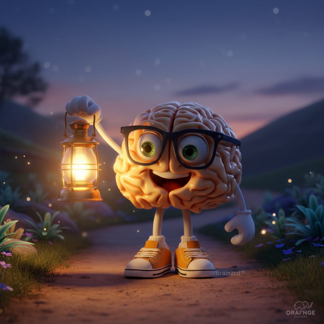 Brain character walking on a path with lighted lantern Brain character walking on a path with lighted lantern