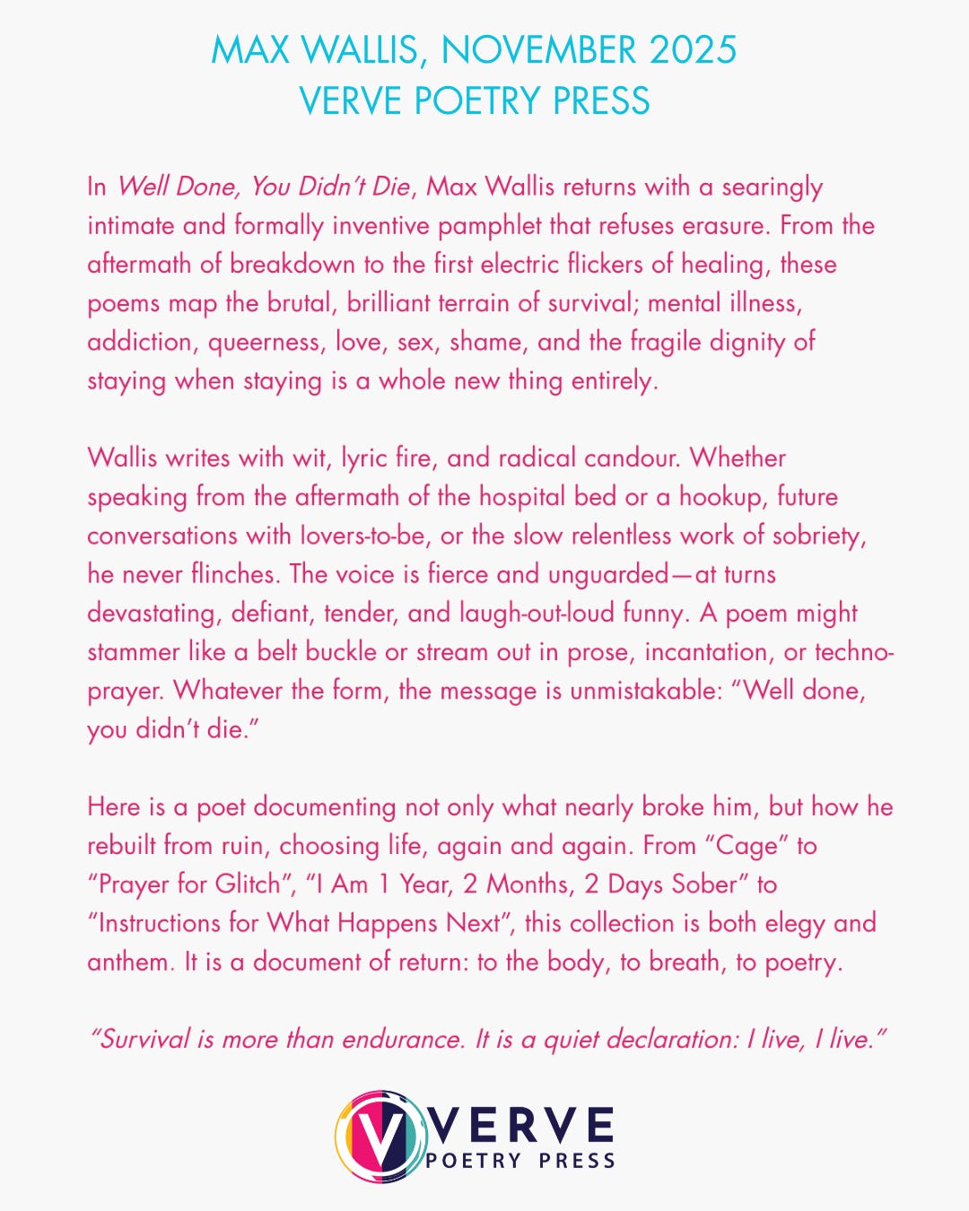 WELL DONE, YOU DIDN'T DIE (by Max Wallis) — out this November and published  by Verve Poetry Press!, image size:1080x1350