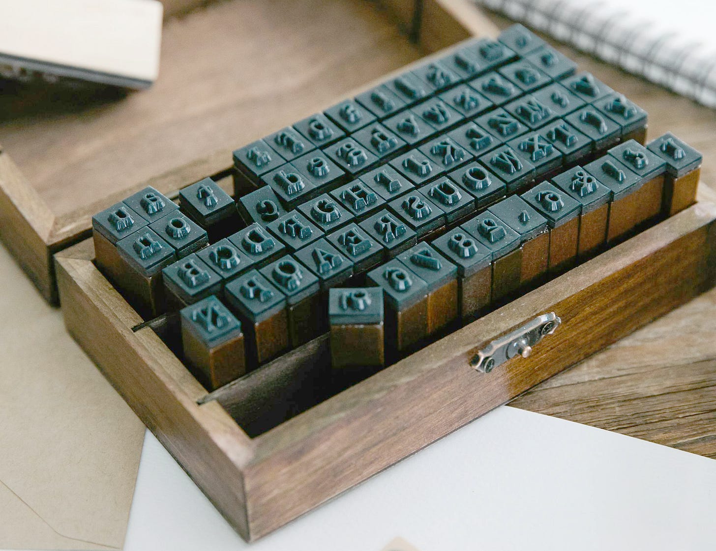A photo of an old-fashioned typesetter's box showing slugs for different letters
