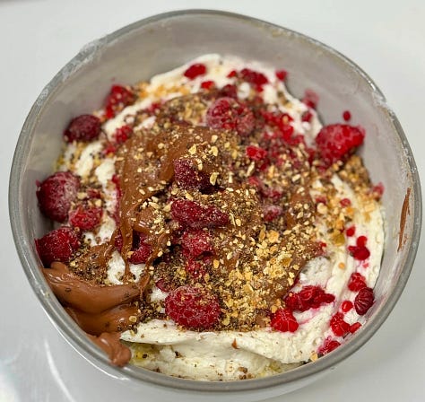 blueberry vanilla protein smoothie, raspberry quinoa breakfast bowls, raspberry almond butter protein pancake breakfast bowl