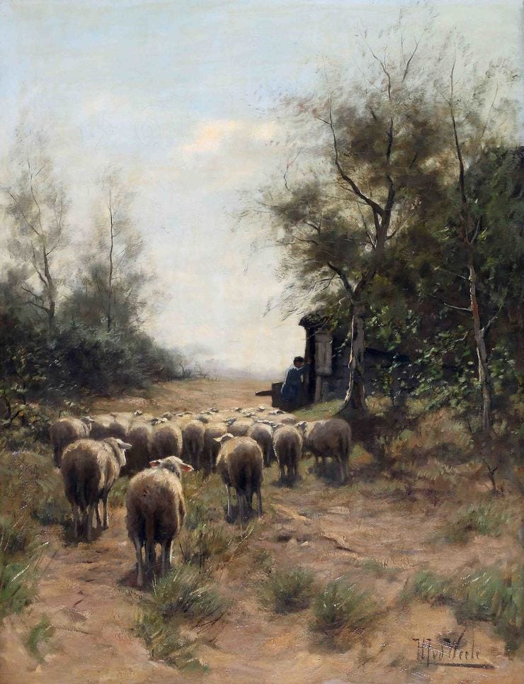 'Herder met zijn kudde schapen bij een schaapskooi' - olieverf op doek: Herman van der Weele (Vendu Rotterdam: kavel 158) 'Herder met zijn kudde schapen bij een schaapskooi' - olieverf op doek: Herman van der Weele (Vendu Rotterdam: kavel 158)