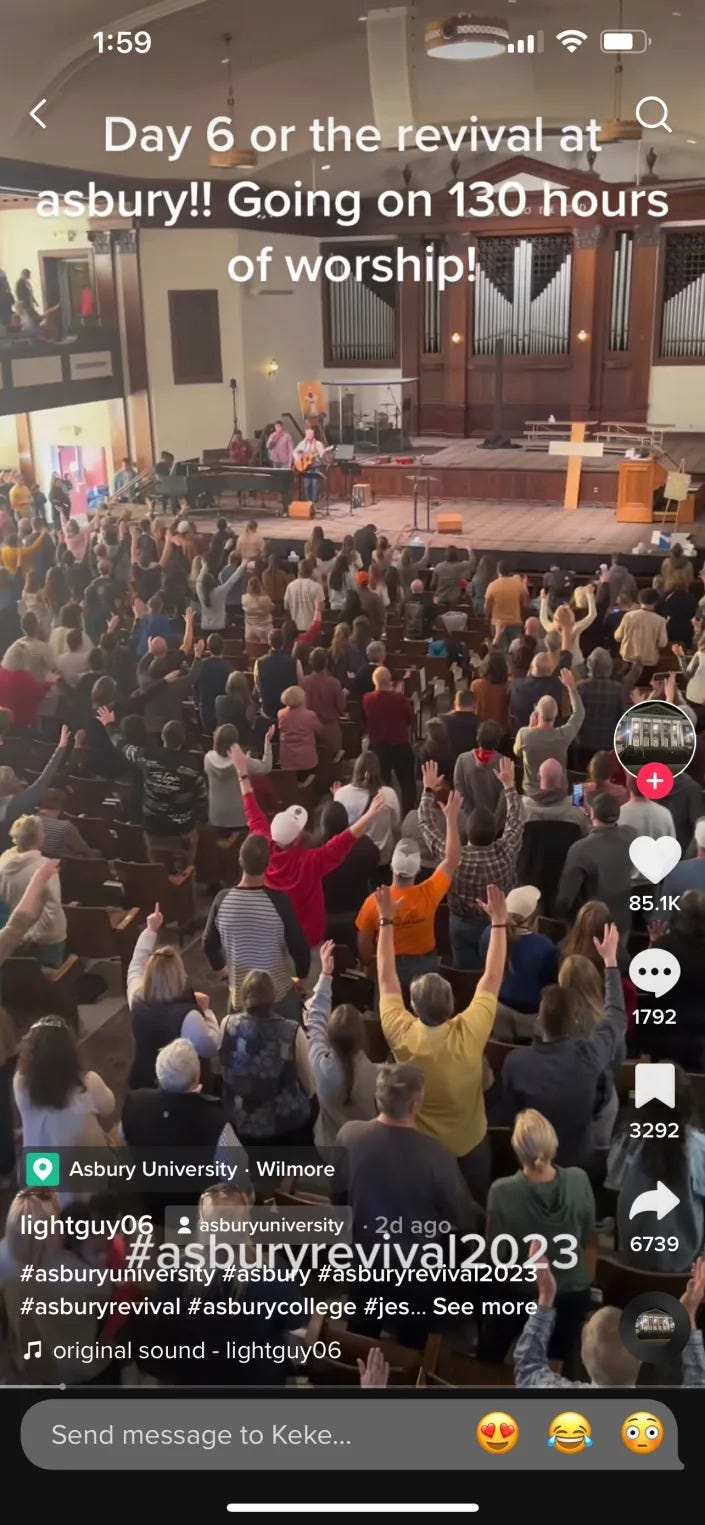 A Feb. 8 religious revival at Asbury University in Wilmore, Kentucky has generated over 32.8 million views on TikTok as of Thursday, Feb. 16. A Feb. 8 religious revival at Asbury University in Wilmore, Kentucky has generated over 32.8 million views on TikTok as of Thursday, Feb. 16.