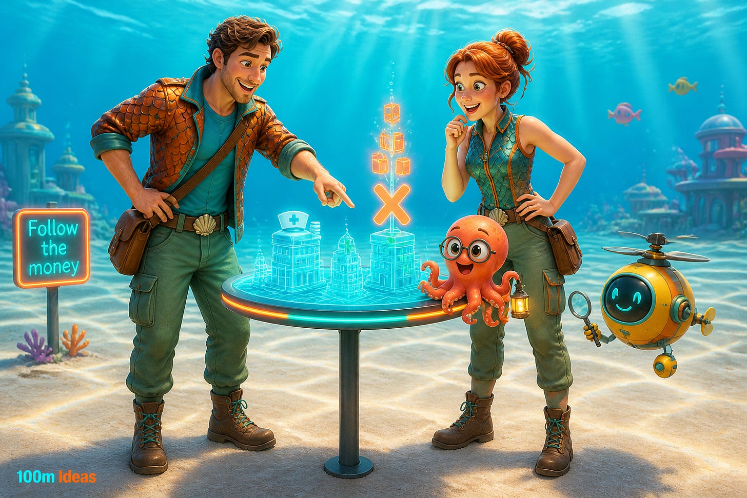 Two undersea explorers, a baby octopus and a yellow submarine robot find an orange X over a pharmacy on a glowing map, on a sunny sea floor. A neon sign reads: Follow the money.
