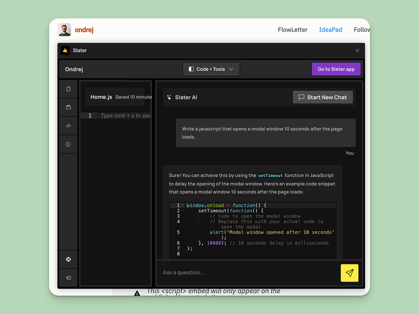Using Slater to generate a JavaScript modal window for my website