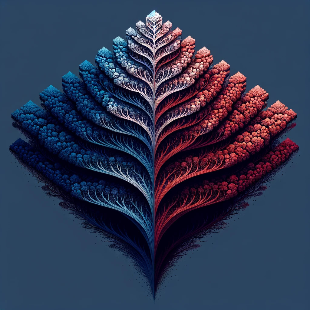 Reimagine the previously created binomial tree with a significant adjustment in its orientation and color gradient. The tree now expands from a narrow base at the left to a wide expanse on the right, embodying a reversed wedge shape. This sophisticated structure features an intricate pattern of branches that unfold and multiply as they progress towards the right, creating a visually dense and complex pattern. The color scheme is inverted; the uppermost branches are adorned in shades of blue, symbolizing higher, loftier outcomes, while the lower branches transition into deep reds, representing the descending paths. This color transition adds depth and visual interest, emphasizing the divergence of outcomes and decisions as the tree widens, portraying an elegant metaphor for growth, decisions, and their consequences.