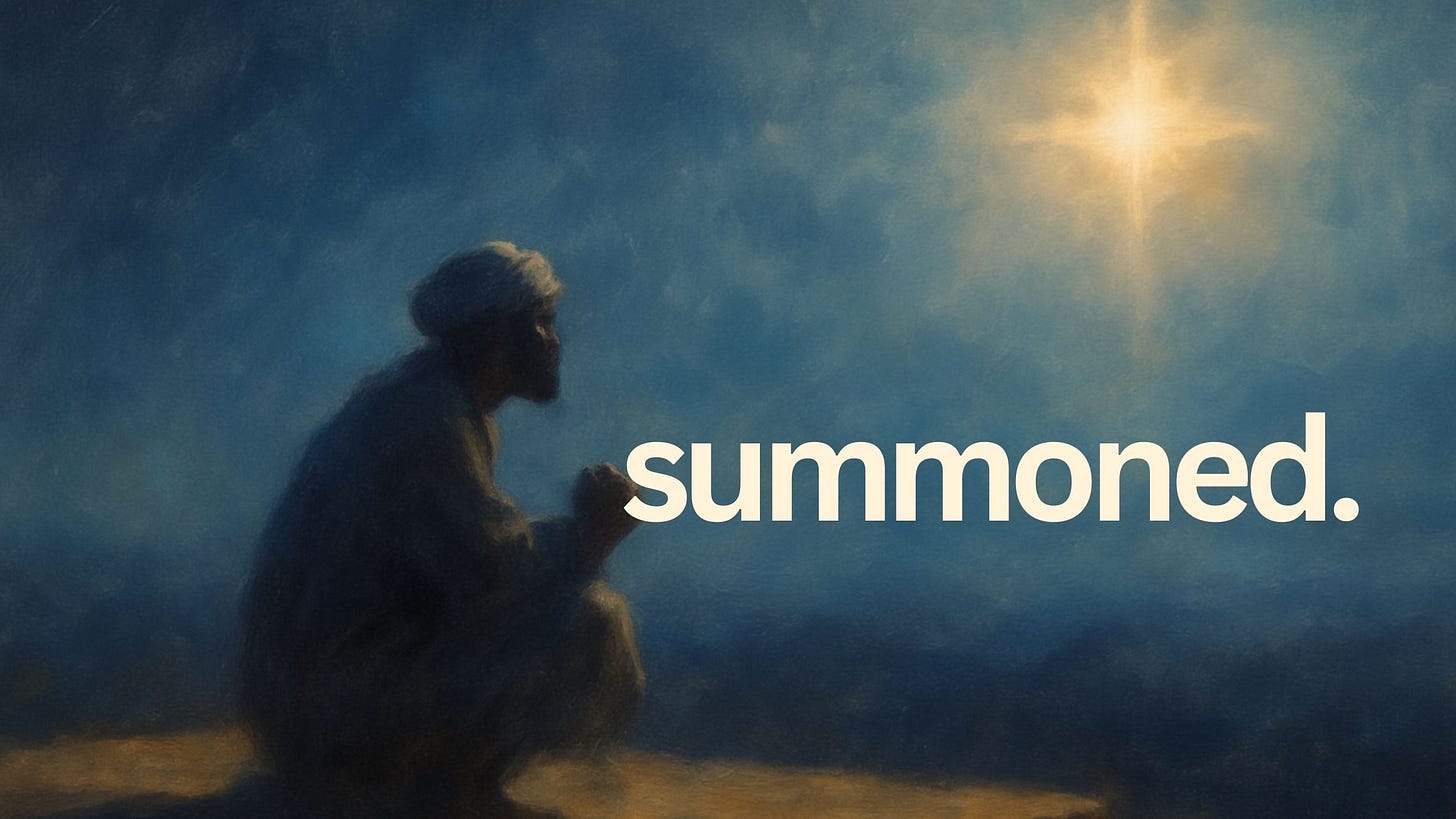 A lone Magi crouches on a dusty rooftop under a deep blue night sky, staring upward at a bright supernatural star that glows with intentional light.