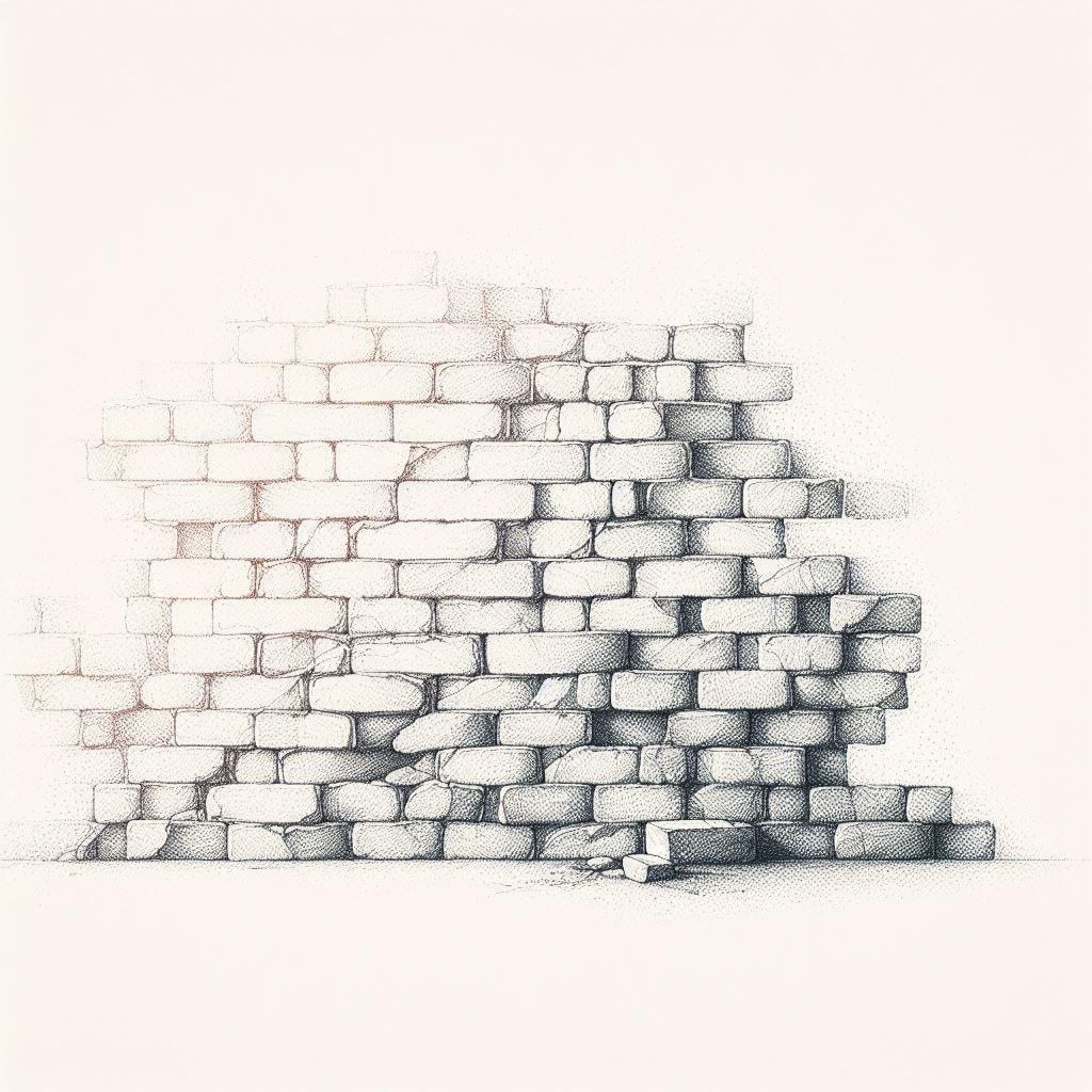 Create a minimalistic image of a wall with several bricks missing. The wall should be depicted with very light etchings, giving it a delicate and hand-drawn appearance. The background of the image should be pure white to emphasize the simplicity and minimalism of the artwork. The pencil strokes should be fine and detailed, capturing the texture of the bricks and the shadows where bricks are missing, creating a subtle depth.