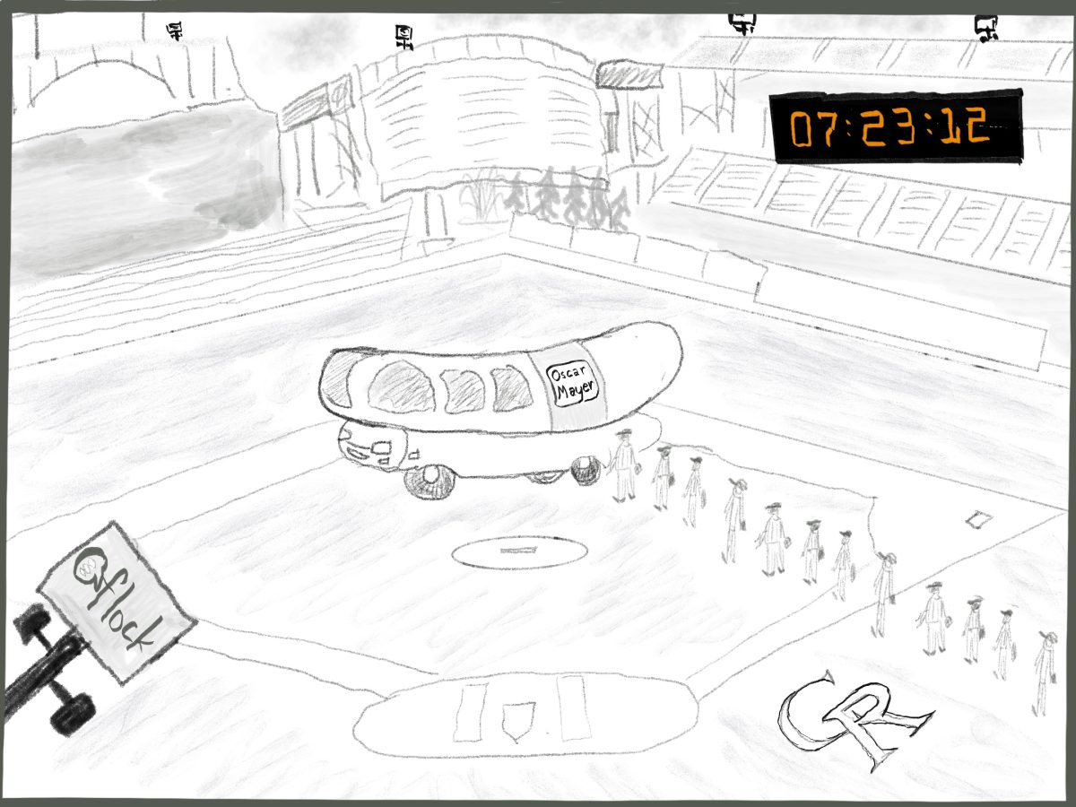 A cartoon drawing of a Flock camera observing Colorado Rockies players walking up to the Oscar Mayer Wienermobile A cartoon drawing of a Flock camera observing Colorado Rockies players walking up to the Oscar Mayer Wienermobile