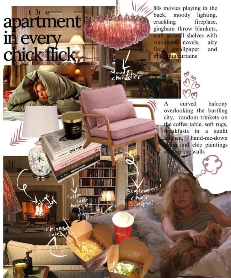 This may contain: a collage of photos with furniture, books and pictures on it including a woman in bed