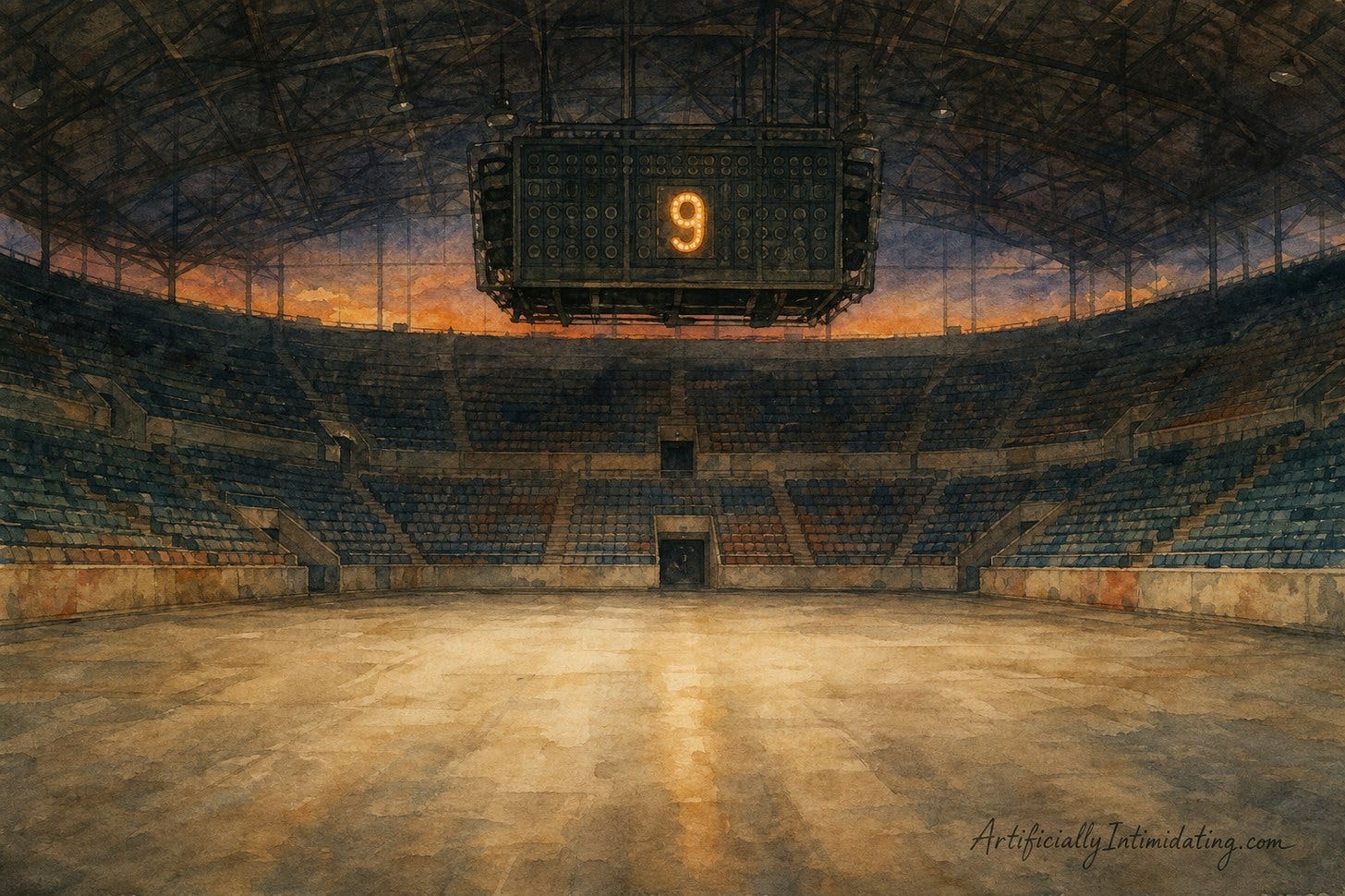 A watercolor of a vast empty arena at dusk, rows of seats fading into shadow. A large mechanical scoreboard hangs above the far end with nearly every bulb dark, showing a single glowing number: 9.