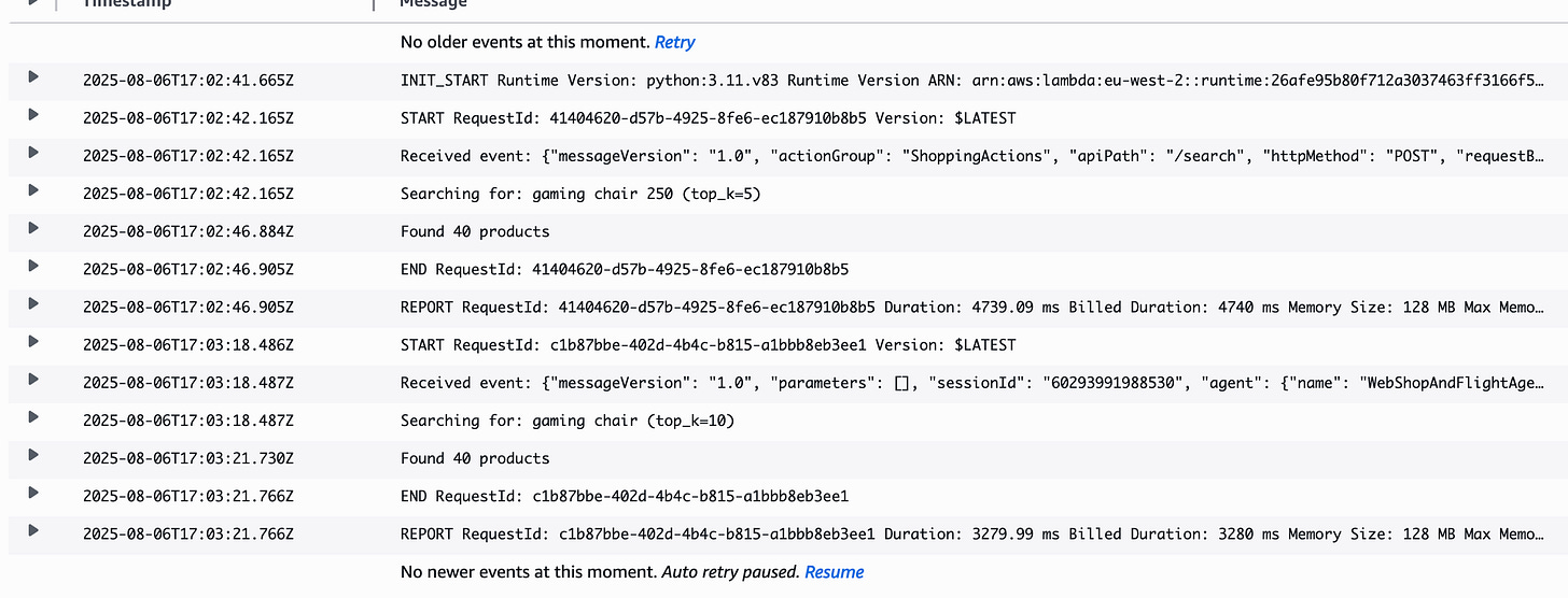CloudWatch log for SearchProductsFn showing actionGroup=ShoppingActions, requestBody {query:"gaming chair 250", top_k:5}, message “Found 40 products”, report duration ~4739 ms. CloudWatch log for SearchProductsFn showing actionGroup=ShoppingActions, requestBody {query:"gaming chair 250", top_k:5}, message “Found 40 products”, report duration ~4739 ms.