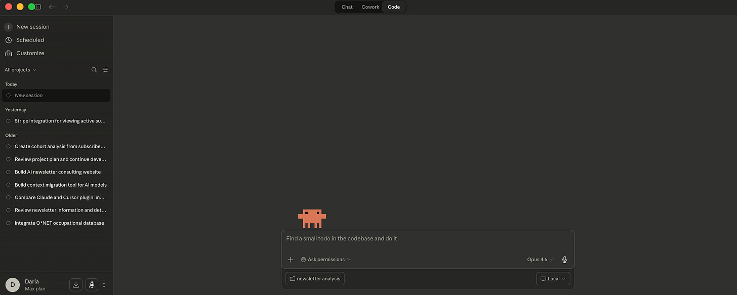 Claude Code tab in the desktop app showing past sessions including building a consulting website, Stripe integration, cohort analysis, and building a context migration tool, with the project selector and Opus 4.6 model