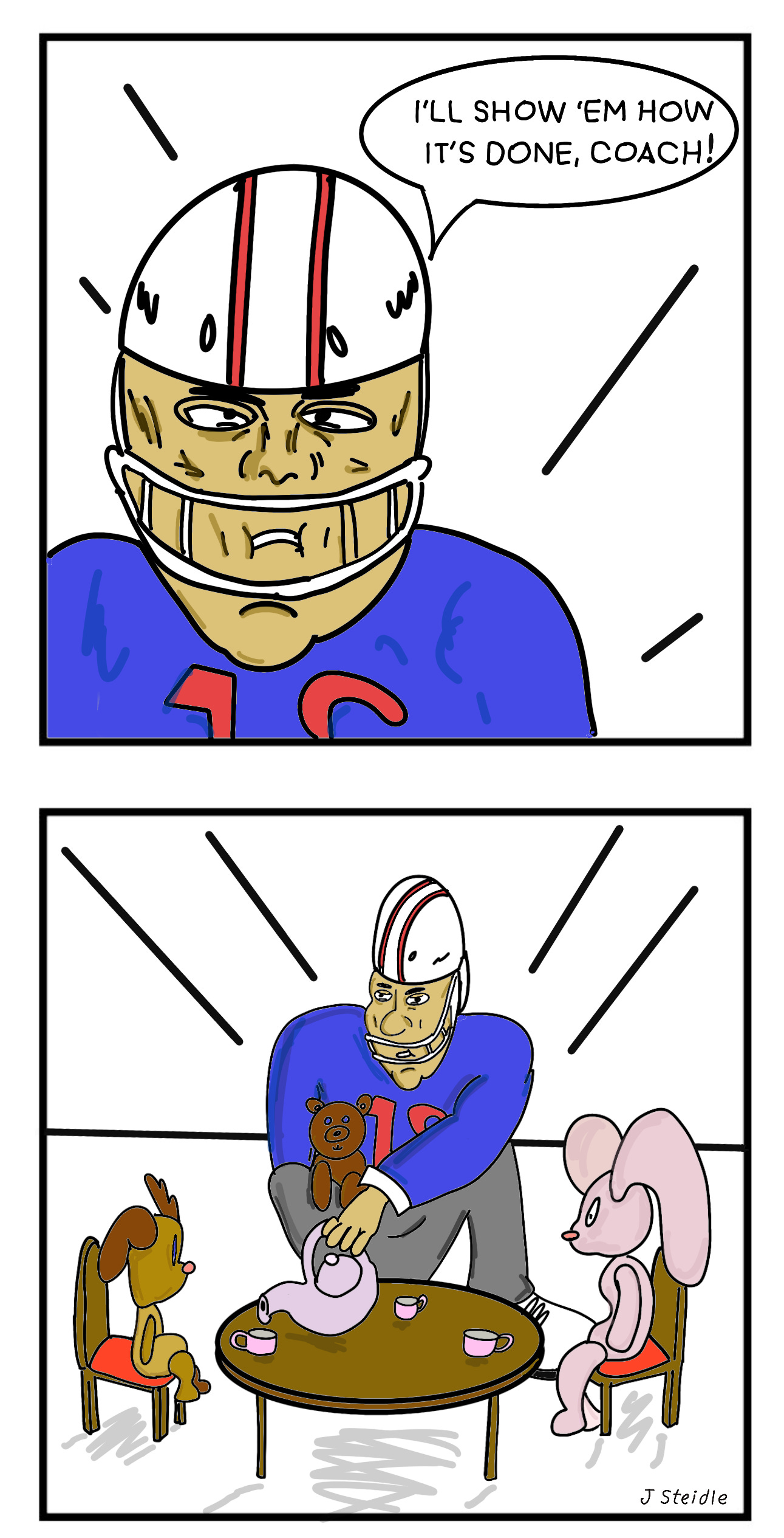 Thanks4Listening comic strip #1: A football player at team time with his imaginary friends.