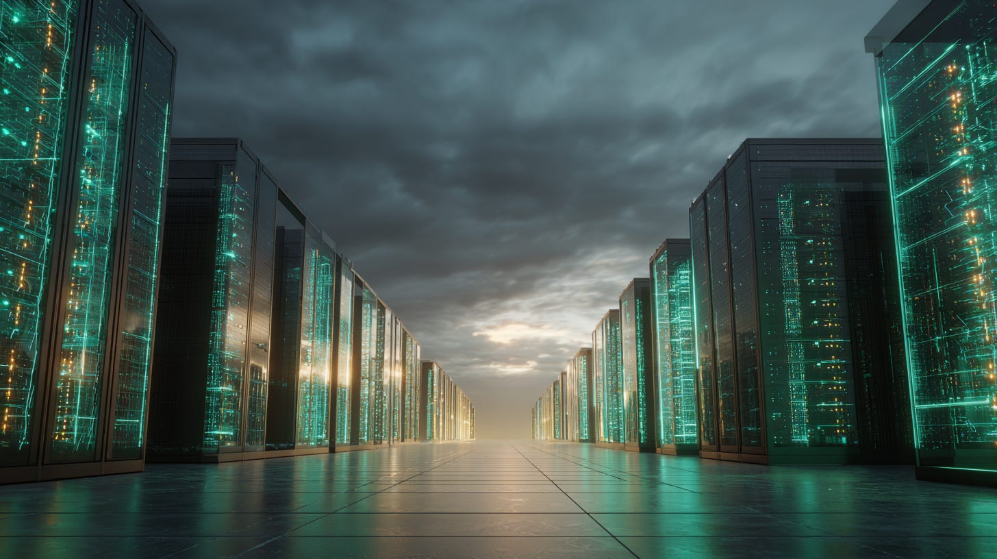High-tech AI-powered data center with Bloom Energy fuel cells generating sustainable electricity under cloudy skies, illustrating clean energy infrastructure.
