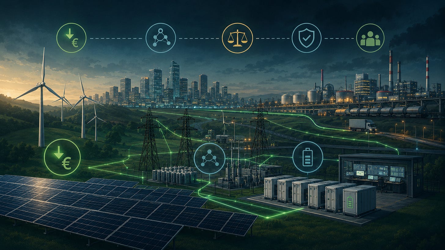 Panouri solare și turbine eoliene conectate prin rețele, stații electrice și baterii la un oraș și la instalații industriale. Panouri solare și turbine eoliene conectate prin rețele, stații electrice și baterii la un oraș și la instalații industriale.