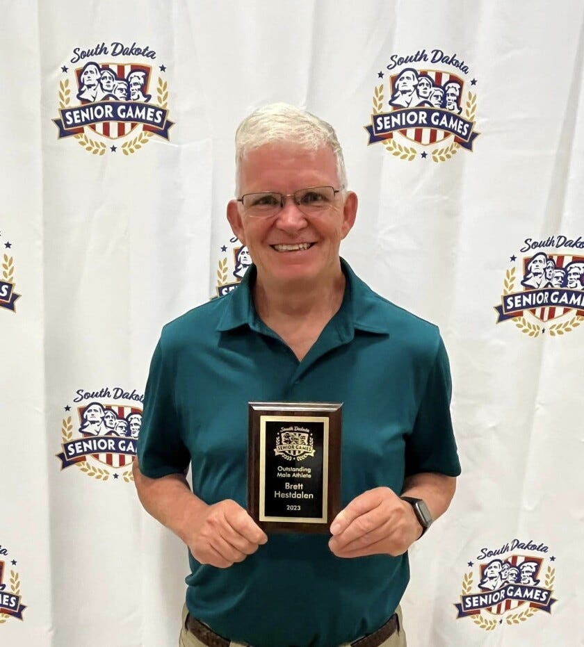 Brett Hestdalen poses with his plaque after earning the award for Outstanding Male Athlete at the 2024 South Dakota Senior Games. Brett Hestdalen poses with his plaque after earning the award for Outstanding Male Athlete at the 2024 South Dakota Senior Games.
