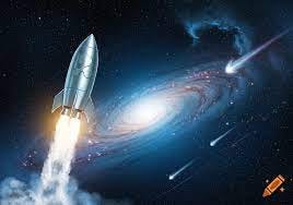 A silver rocket blasts off into deep space with a spiral galaxy and  shooting stars in the background. Digital art. on Craiyon