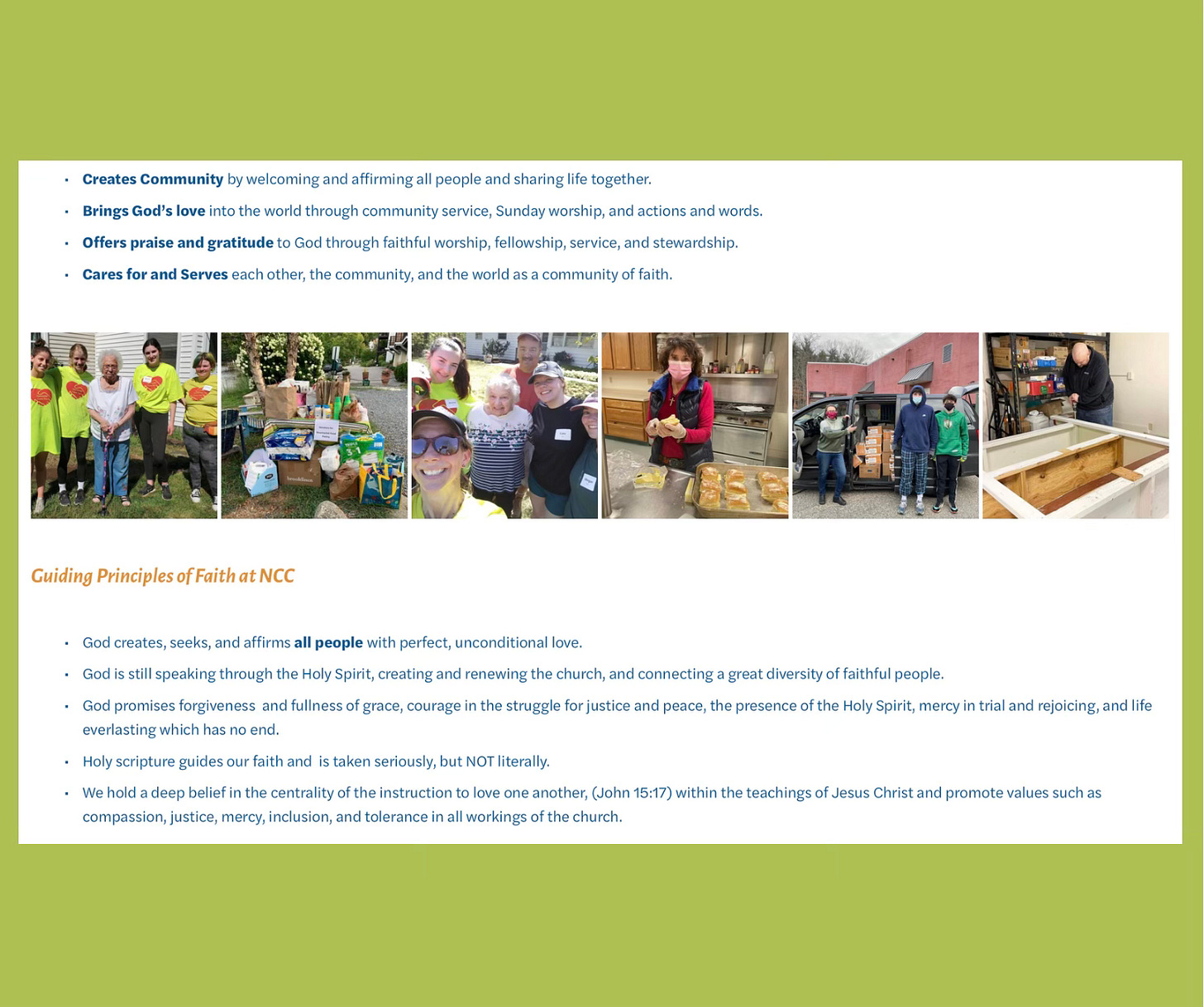 Snip from church website with guiding principles of faith that include "God creates, seeks, and affirms all people with perfect, unconditional love." Photos show congregation members doing yard work for an elderly woman, making house repairs for a disabled person, providing diapers and baby items for a young family, running a food pantry that serves the town, and other gifts of service.