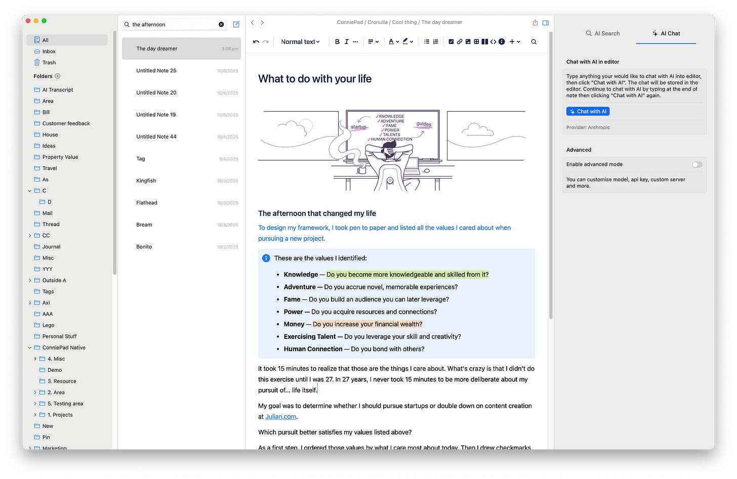 ConniePad app screenshot showing document editing interface ConniePad app screenshot showing document editing interface