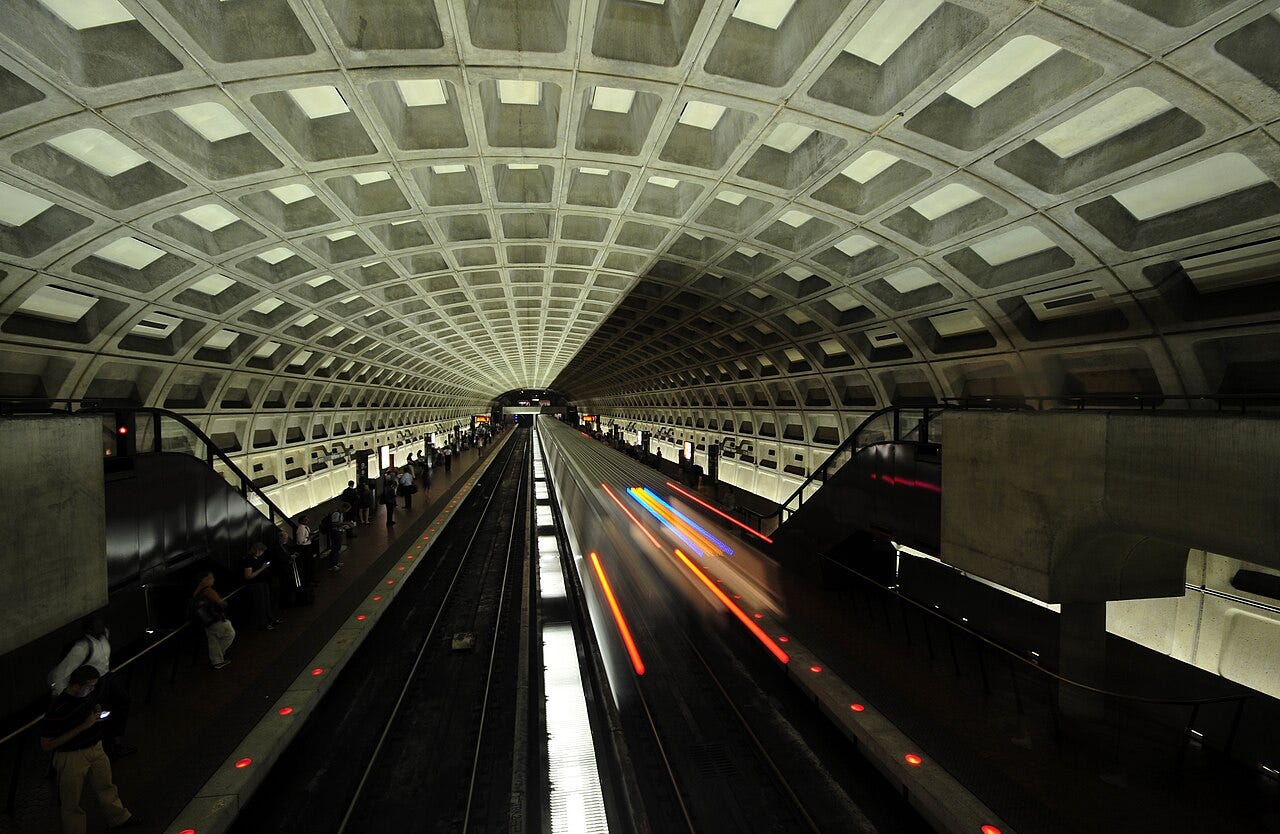 A train departs from McPherson Square (opened 1977), which has an original ceiling vault design. A train departs from McPherson Square (opened 1977), which has an original ceiling vault design.