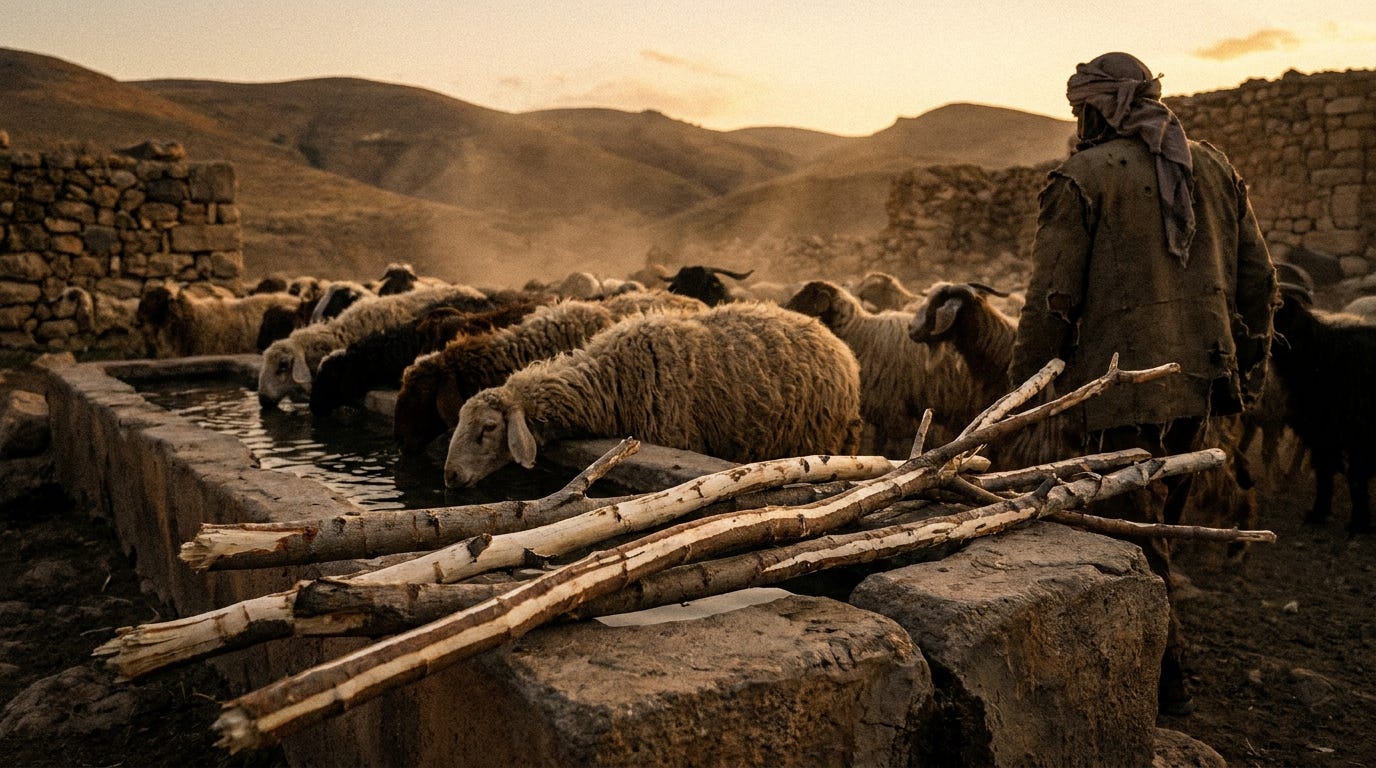 Peeled poplar and almond branches with white stripes laid across a stone watering trough, sheep and goats drinking at dusk, no text, no faces