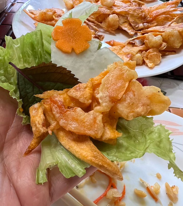 Crispy sweet potato and shrimp fritters.