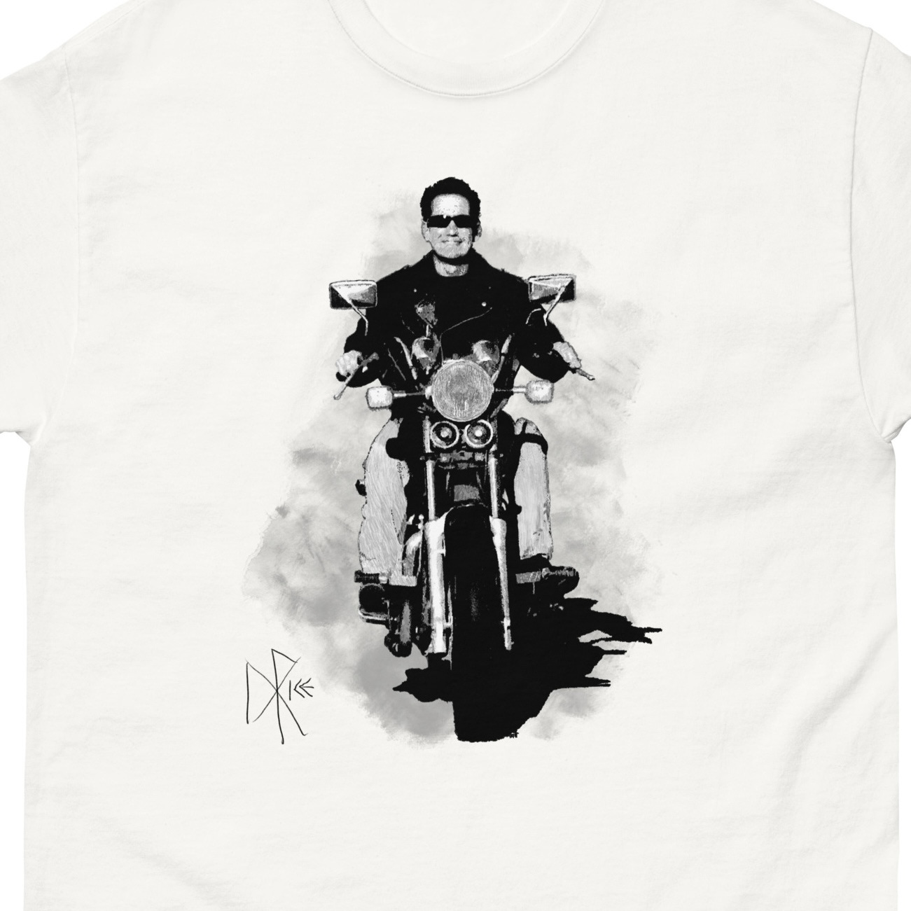A smiling helmetless man wearing a leather jacket while riding a motorcycle. Sketch art by Don Rice. A smiling helmetless man wearing a leather jacket while riding a motorcycle. Sketch art by Don Rice.