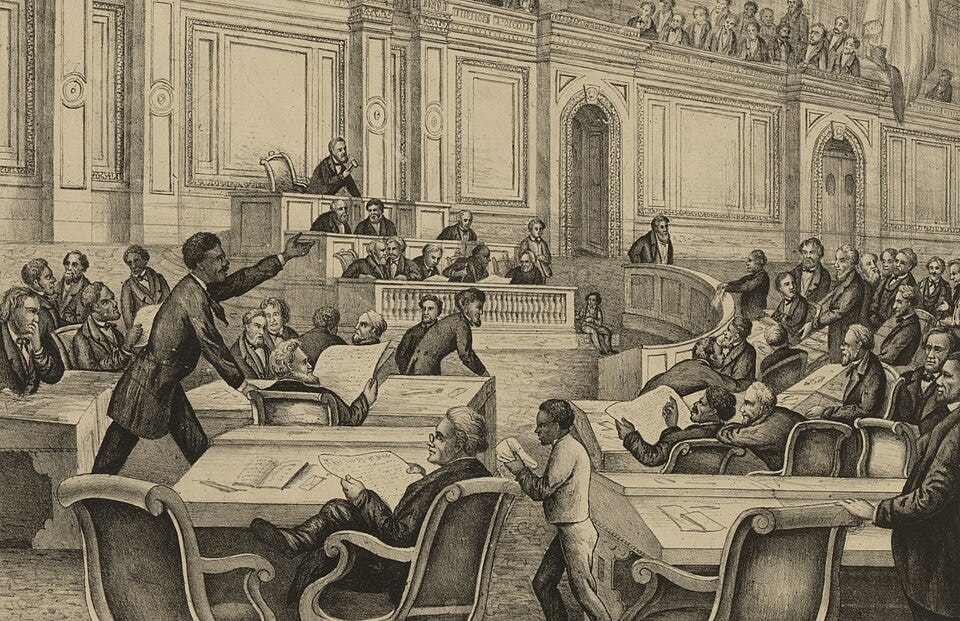 File:United States Congressman Robert Brown Elliott of South Carolina speaking on the floor of House of Representatives in 1874 from The shackle broken - by the genius of freedom - lith. & print by E. Sachse & Co.. LCCN2003690777 (cropped).jpg