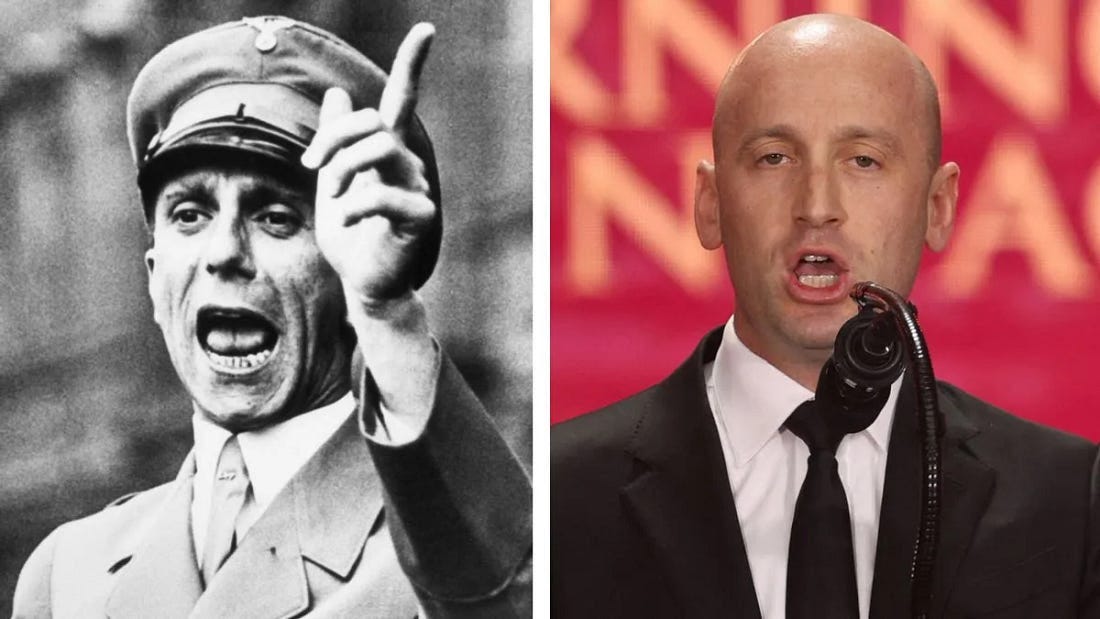 Side by side photos of German nazi propagandist and presidential aide Stephen Miller 