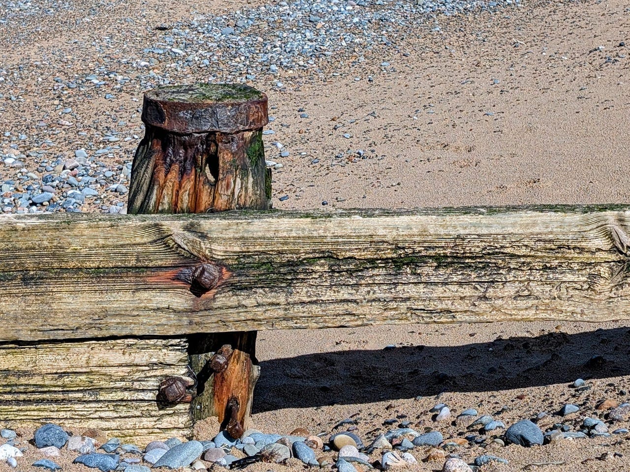 Wooden groyne partly buried by sand and shingle Wooden groyne partly buried by sand and shingle