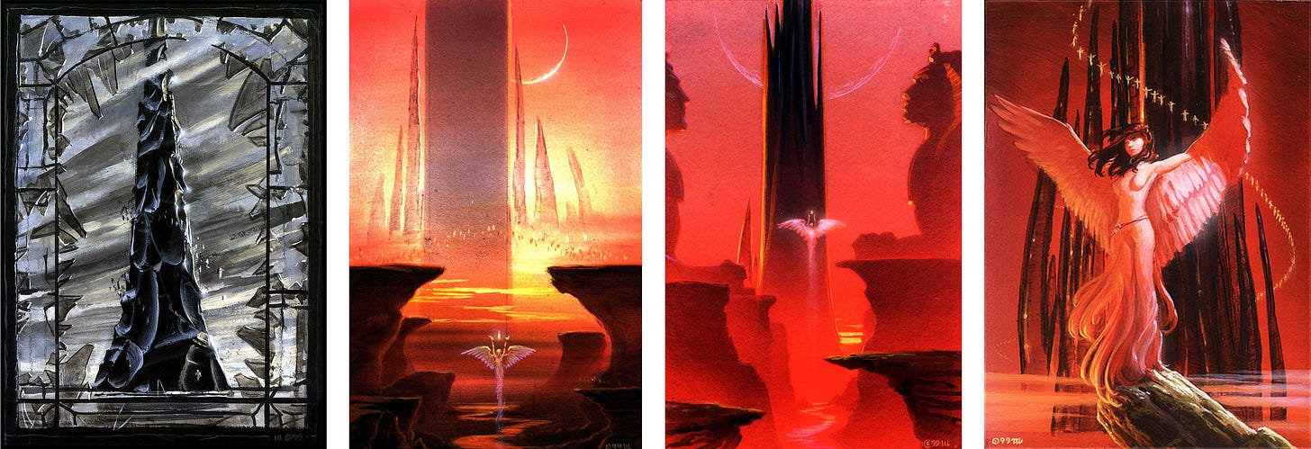 Alternate preliminary concepts for MOUNTAIN OF BLACK GLASS. From left to right: 1 - View of a towering peak of chipped glass through a broken window. 2- An angel hovers lower in the foreground with arms raised and wings out. She reaches up for a glowing feather. The background is dominated by a tower surrounding by tall spikes. 3 - Cover comp featuring an angel floating with wings out and arms up reaching for a feather. A tower rises behind her flanked unevenly on each side by a pair of sphinxes. 4 - An angel with wings spread stands on a diagonal outcrop of rock. Behind her, tiny figures wind through the air around glassy spikes.