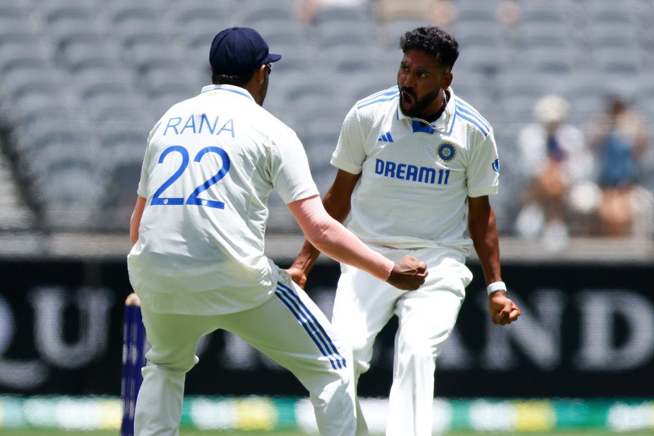 Mohammed Siraj was jubilant after nicking off Steven Smith with a beauty, Australia vs India, 1st Test, 4th day, Optus Stadium, November 25, 2024