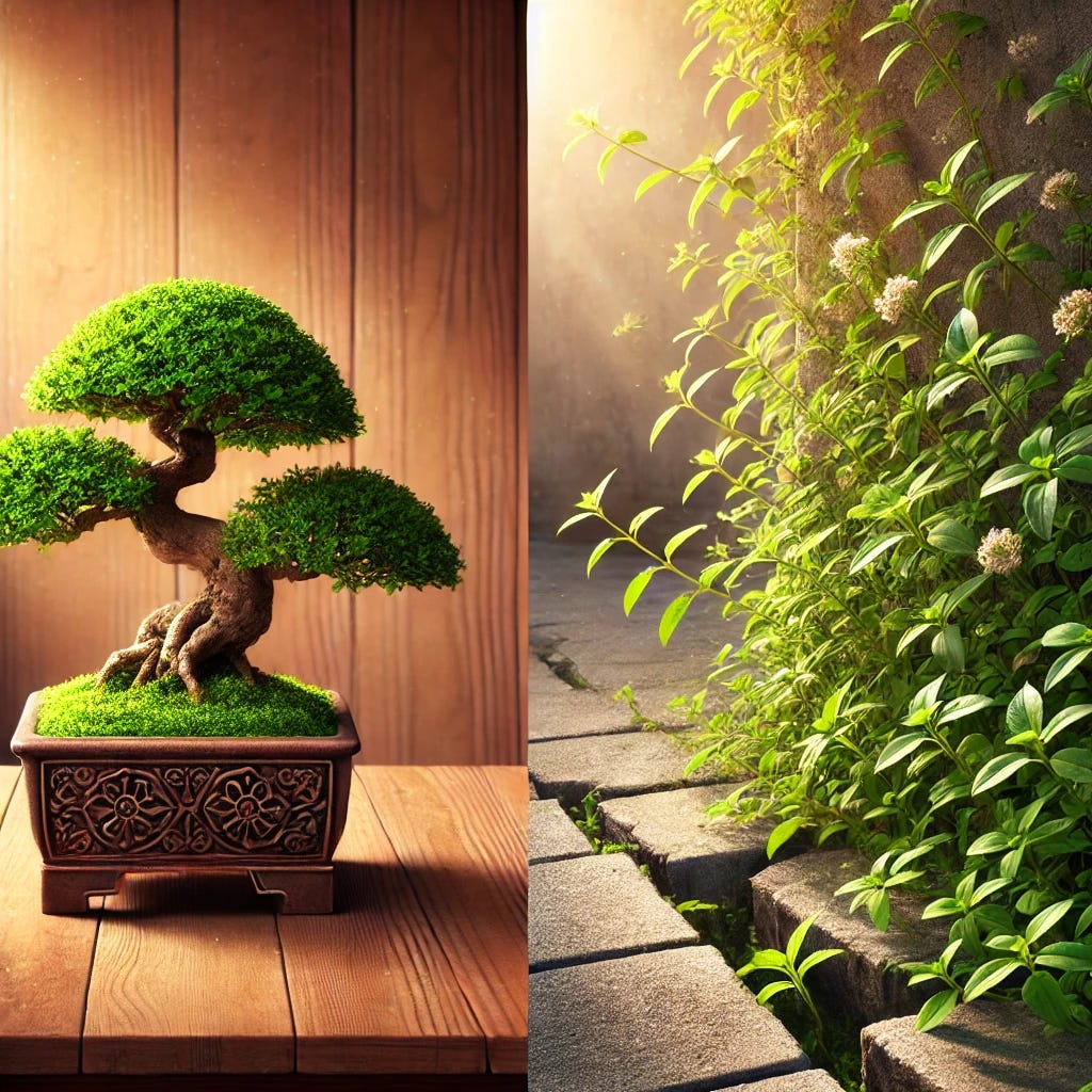 A bonsai tree in a small ornate pot sits neatly on a wooden table, while a green weed grows freely through cracked pavement nearby. The contrast shows control versus wild growth, in a quiet and natural setting.