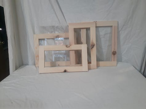 Some leftover glass and wood from previous frames put to use on these 2 - 11" X 12" and 2 - 8" X 12" pine frames.