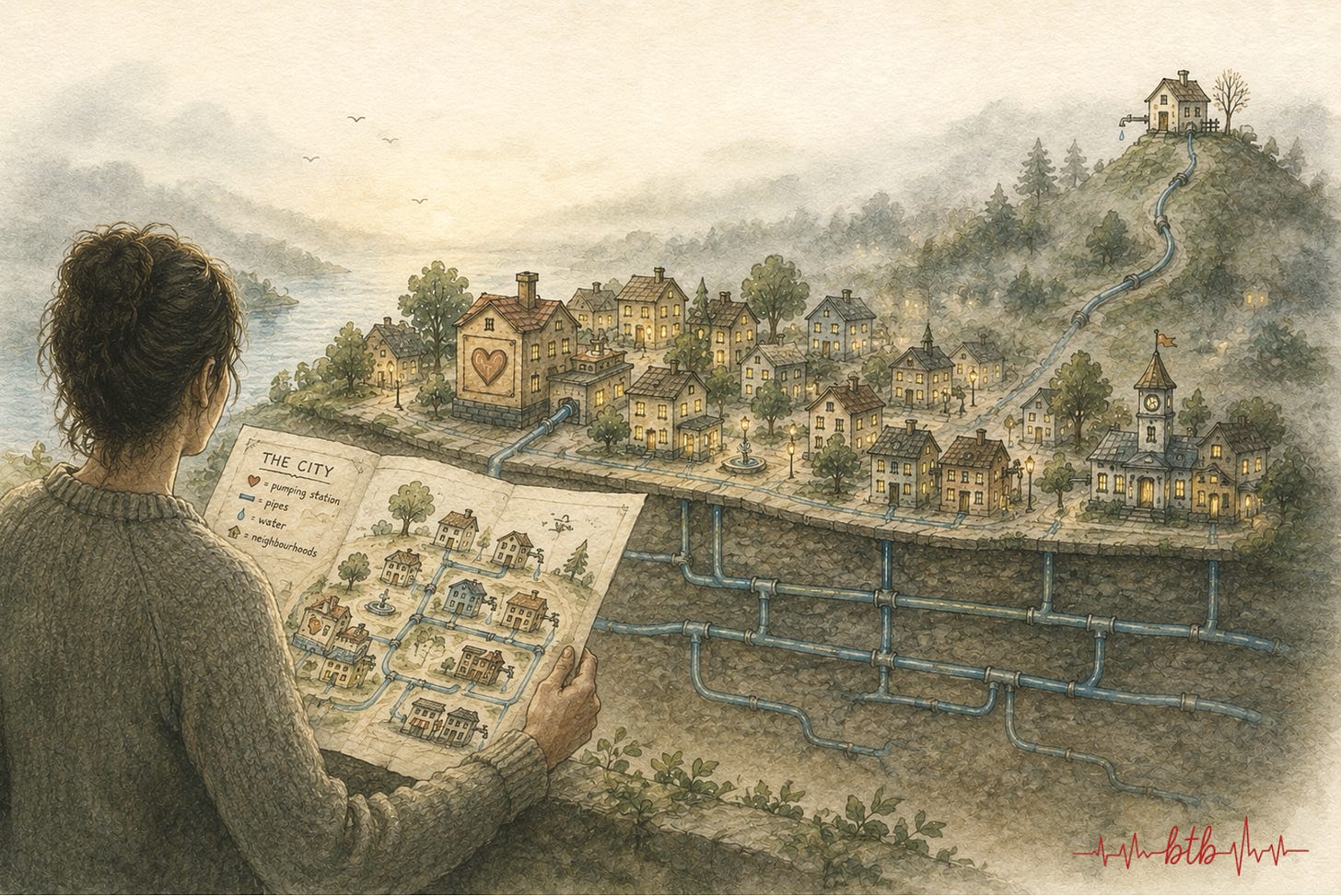 A parent holds a map while looking over a small hand-drawn city with water pipes running beneath its streets. A symbolic illustration of a parent using a map to understand perfusion and organ blood flow in congenital heart disease. From Perfusion article on Between the Beats Substack. Written by Marie-Jo Herard Furey A parent holds a map while looking over a small hand-drawn city with water pipes running beneath its streets. A symbolic illustration of a parent using a map to understand perfusion and organ blood flow in congenital heart disease. From Perfusion article on Between the Beats Substack. Written by Marie-Jo Herard Furey
