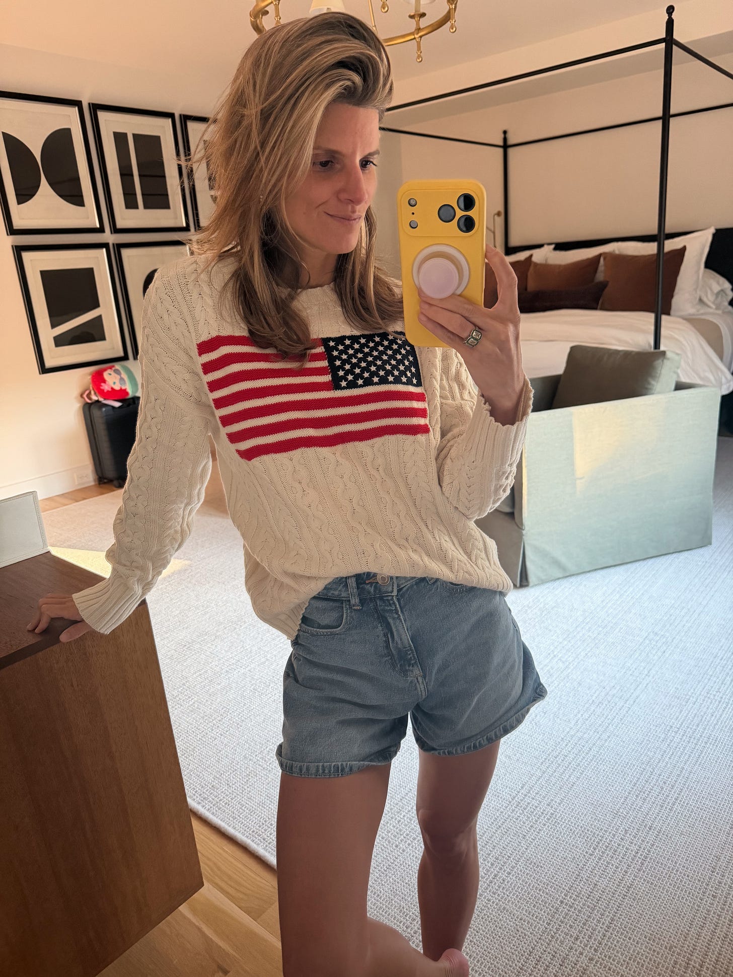 target american flag sweater and levis shorts brighton butler