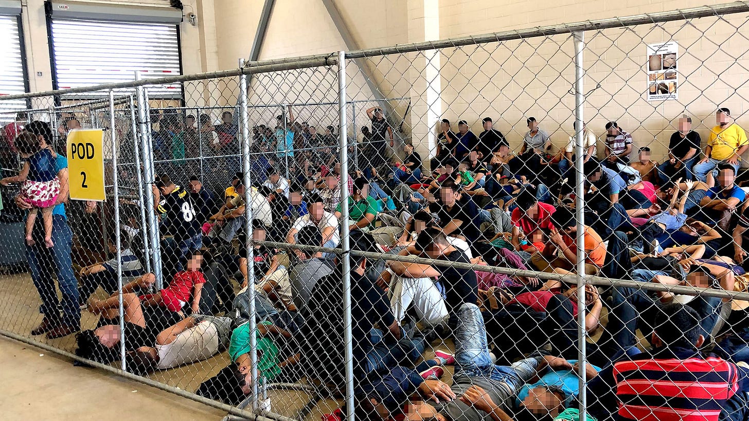 Crowds of migrants at a detention center in Texas locked in a cage by U.S. Border Patrol