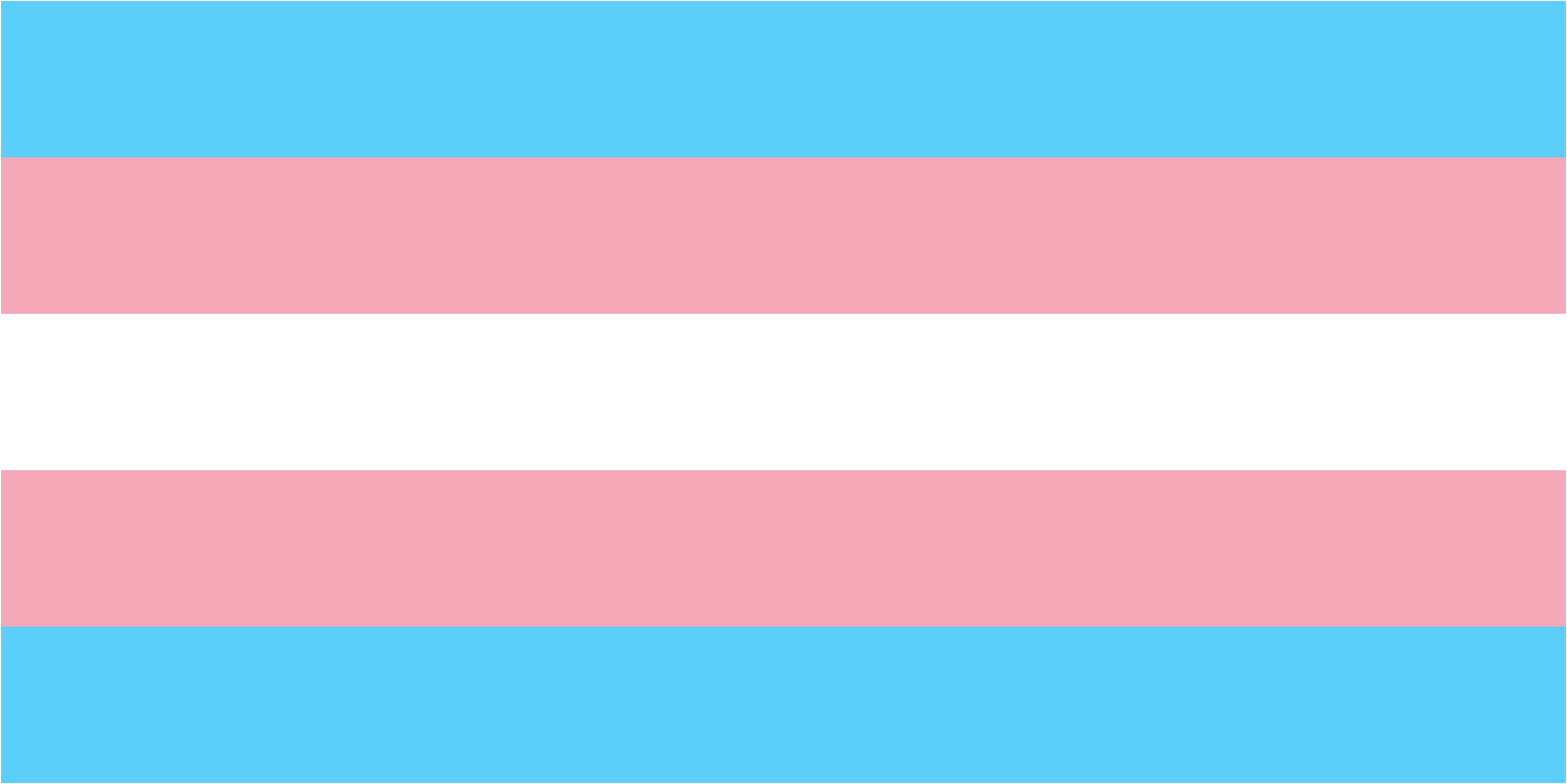 The Transgender Pride Flag. It features five horizontal stripes of equal width. The top and bottom stripes are light blue, the traditional color for baby boys. Moving inward, the next two stripes are pink, the traditional color for baby girls. The center stripe is a single white band, representing individuals who are transitioning, those who feel they have a neutral or no gender, or those who identify as intersex.