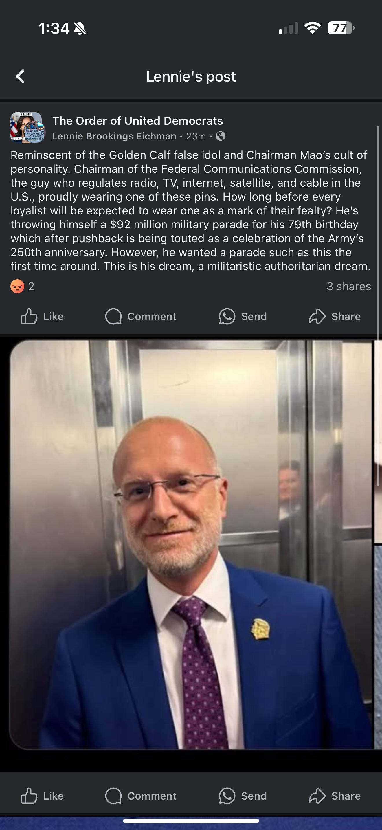 Facebook post screenshot showing a man in a blue suit with a gold Trump pin on his lapel. Text overlay compares the pin to Chairman Mao’s personality cult and warns of authoritarianism as Trump prepares a military parade for his birthday.