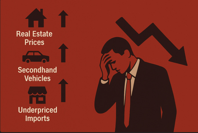 nfographic illustrating Kenya’s fraud economy, showing money laundering cycles, import shops with underpriced goods, inflated property and car markets, and the impact on honest business owners.
